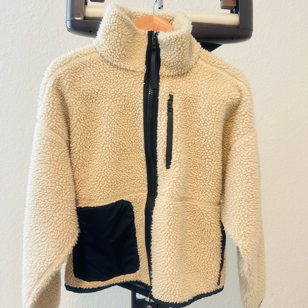 Canada Goose Cream Sherpa Jacket with Black Trim and Red Logo